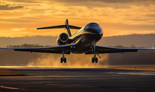 A luxurious private plane or jet on the runway preparing for takeoff, an epic photo of VIP air transport in the rays of the setting sun, AI generated