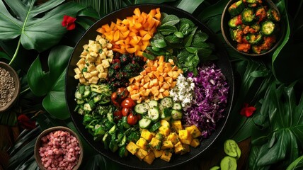 Fototapeta premium Exotic vegetarian platter flat design top view wellness retreat theme animation Complementary Color Scheme