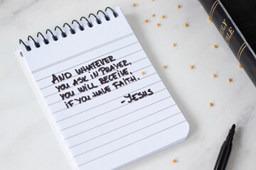 Inspirational biblical text quote for prayer and faith in God Jesus Christ with mustard seeds and...
