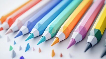 Several colorful pencils with sharp tips arranged on a white surface