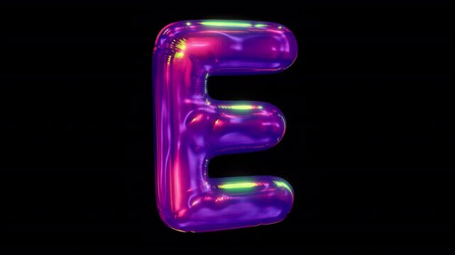 A shimmering 3D reflective alphabet letter E in an iridescent bubble typeface style, with embedded alpha for easy drag and drop overlay.