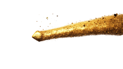 A gold rock formation flying with trail effect, cut out transparent