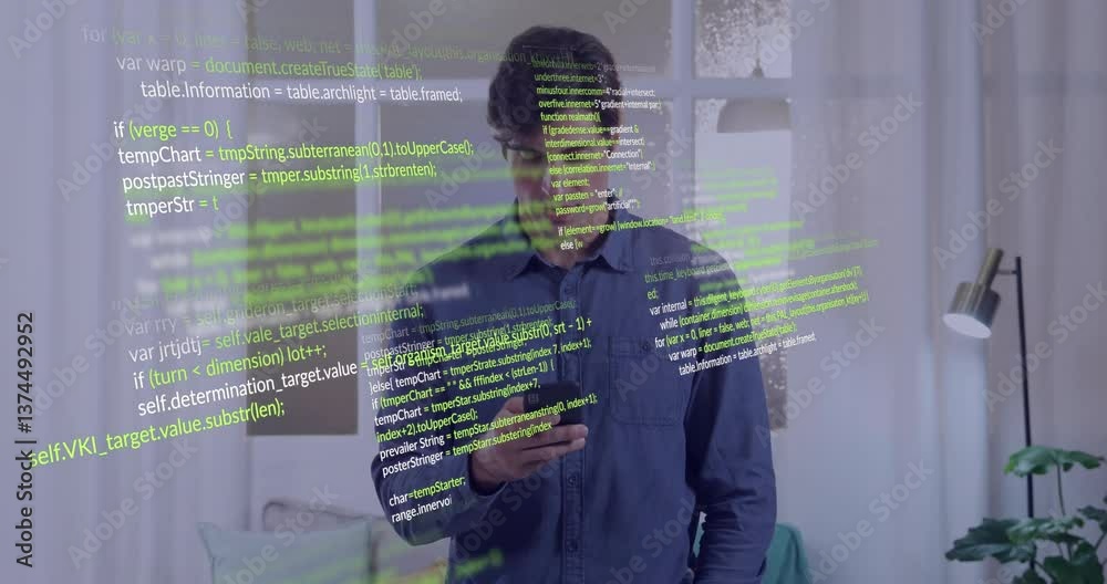 Poster using smartphone, man with green coding animation overlay in tech setting