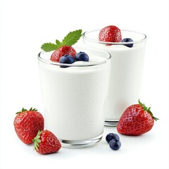 Refreshing and delicious greek yogurt with fresh strawberries and blueberries served in two glasses on white background