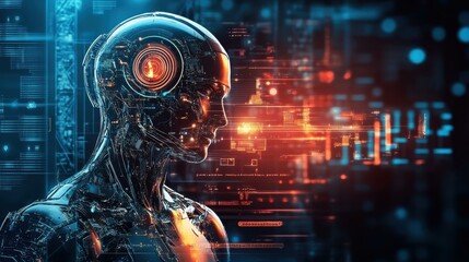 Advanced Cyborg with Integrated Technology and Futuristic Interface Display