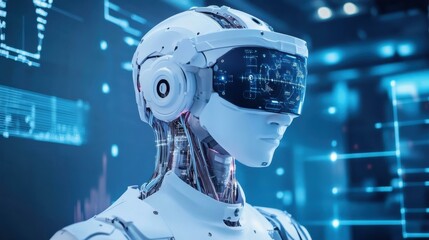 Futuristic humanoid robot with advanced VR headset displaying intricate data visualizations in a high-tech environment
