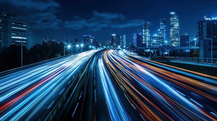 Obraz premium Fast Car Light Trails on Highway at Night with Skyline View