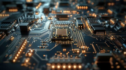 Intricate circuit board with golden connections showcasing electronic components and complex network design for technology applications