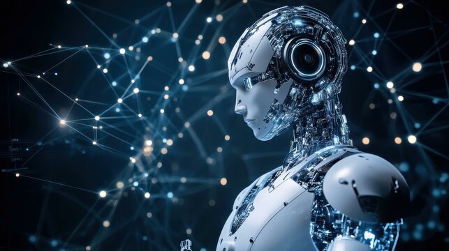 Advanced cyborg with intricate design posing against glowing network background showcasing future technologies and artificial intelligence