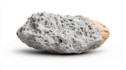 Obraz premium Close-up of a porous gray rock with irregular shapes and lighter tan discoloration, isolated on a clean white background for detailed observation.