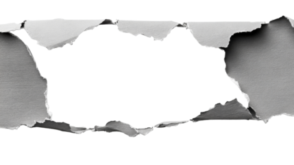 Ripped paper frame with torn edges isolated on black, cut out transparent