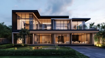 Fototapeta premium Modern luxury home with contemporary design. Spacious, sleek, and stylish residence. Large windows offering panoramic views. 