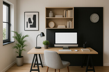 Modern home office interior with minimalist design. The workspace includes a stylish wooden desk with metal elements, a comfortable chair, a laptop, books, plants