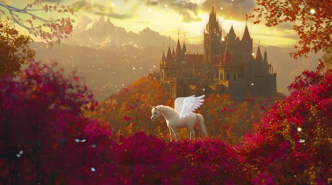 Fantasy scene with winged horse standing among red autumn trees and a castle in the glowing sunset background. Seamless looping video animation background