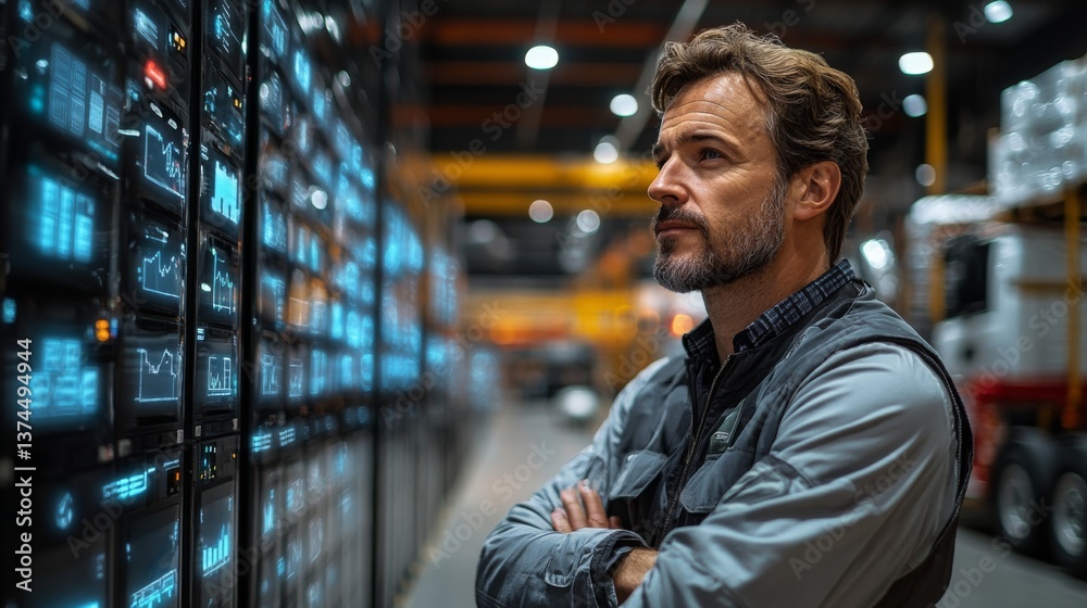 Poster A logistics professional stands with arms crossed, closely observing data metrics on display screens in a busy warehouse dedicated to sorting and distribution activities.