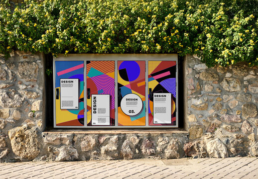 Mockup of four modern utility cabinets integrated into a stone wall