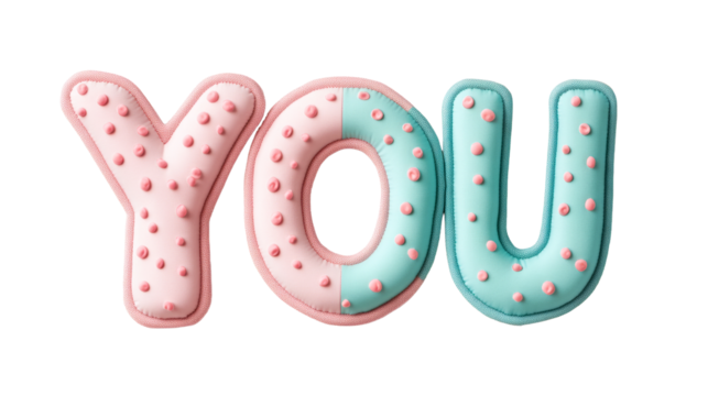 Decorative "YOU" letters with pink and blue polka dots, cut out transparent - Powered by Adobe