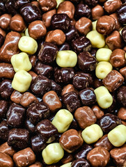 Assorted Chocolate Coated Caramel Cubes Dark, Milk, and White Chocolate Sweet Treat Macro Photography Delicious Dessert Snack for Kids and Adults 