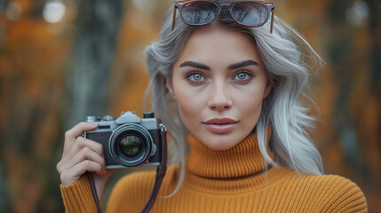 A young Caucasian woman with long, silver hair poses in autumn attire, holding a camera amid a vibrant fall backdrop.