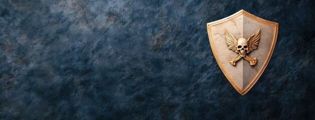 Unique decorative shield with skull and wings design displayed against a textured dark blue background, showcasing a blend of artistry and medieval themes