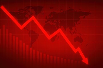 Downward Trend: A stark visual representation of a downward trend depicted with a vibrant red arrow and accompanying bars on a deep crimson backdrop.