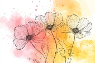Minimalist ink flower illustration on watercolor background with yellow, orange, and pink palette