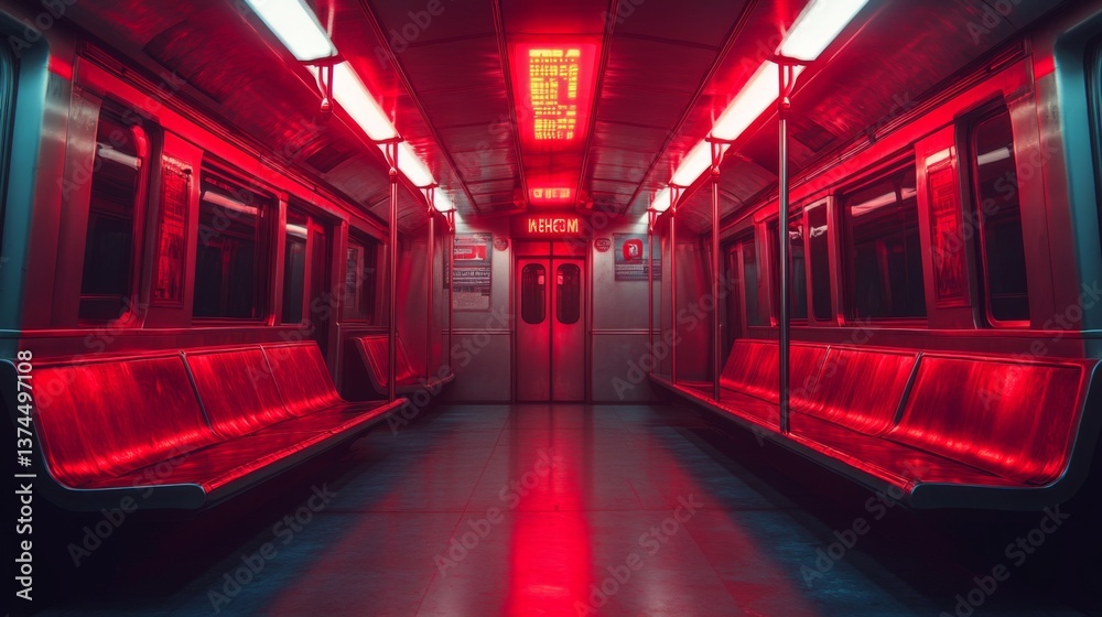 Aufkleber empty subway train with bright red lighting creates a striking visual effect. the sleek seating and 