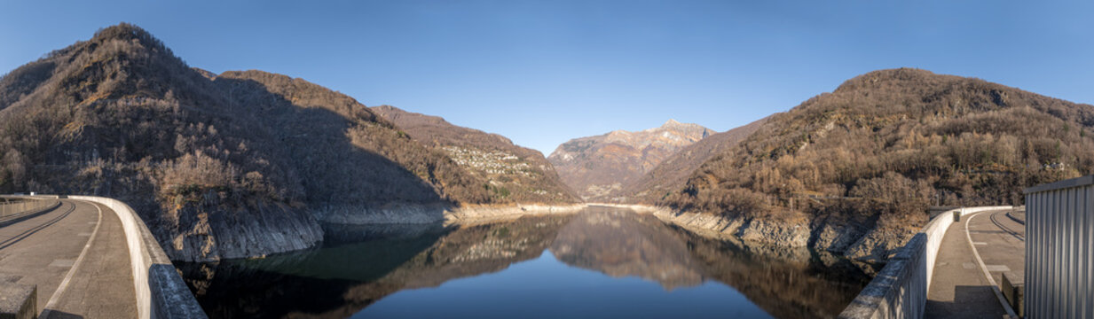 Winter scene at Contra Dam in Verzasca, Switzerland