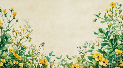 Hand painted watercolor spring background featuring yellow wildflowers and green leaves on beige