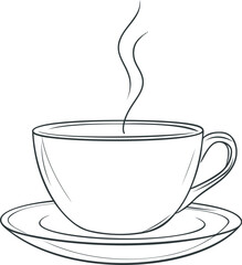 Steaming coffee cup with saucer in black and white line drawing illustration. Vector illustration