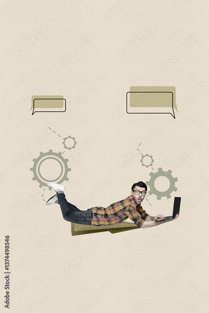Poster creative template collage of business guy levitate use netbook speaking with comment mind cloud