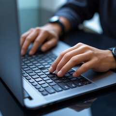 A close-up shot of a person's hands typing on a laptop against a dark, reflective surface.