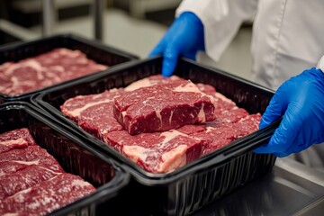 Worker in white coat holds raw beef steak for packaging on production line at meat factory