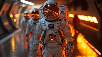 A group of astronauts walks purposefully down a corridor illuminated by orange lights, gearing up for an upcoming space mission that showcases human ingenuity in aerospace advancements.