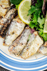 Sardine canned fish dish fresh delicious gourmet food background on table rustic food top view copy space pescetarian diet