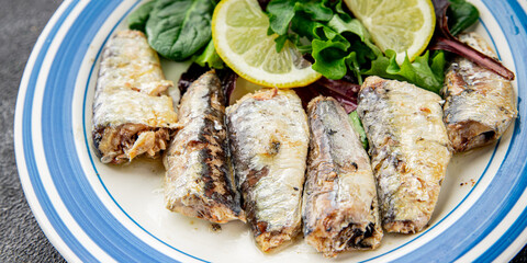 Sardine canned fish dish fresh delicious gourmet food background on table rustic food top view copy space pescetarian diet