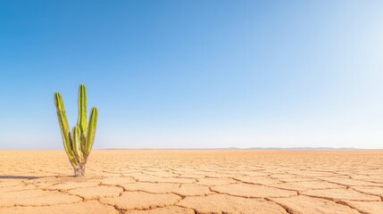 barren desert landscape under scorching sun featuring lone resilient cactus standing tall in foreground jagged shadows
