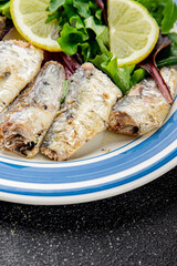 Sardine canned fish dish fresh delicious gourmet food background on table rustic food top view copy space pescetarian diet