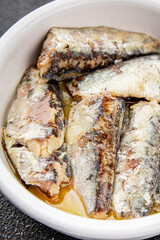 Sardine canned fish dish fresh delicious gourmet food background on table rustic food top view copy space pescetarian diet
