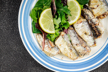 Sardine canned fish dish fresh delicious gourmet food background on table rustic food top view copy space pescetarian diet
