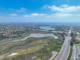 Aerial view of the valley of Oceanside with road and ocean in San Diego, California. USA.