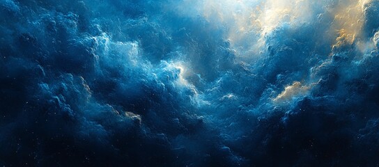 Fototapeta premium Deep blue and golden hues paint a breathtaking cosmic landscape. A mesmerizing nebula swirls, creating a scene of ethereal beauty.