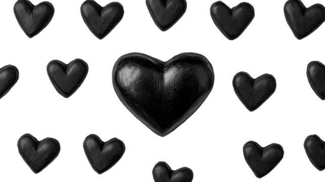 Black hearts on black, love symbol, emotion expression, cut out transparent