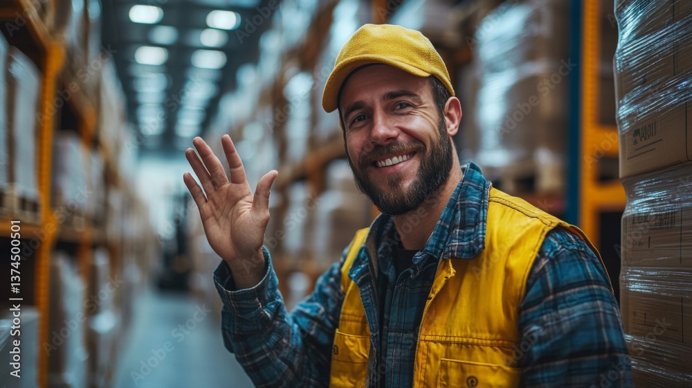 Leinwandbilder A cheerful worker is smiling and waving in a busy logistics warehouse. The space is filled with neatly stacked inventory, showcasing effective storage and organization.