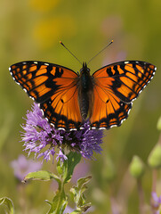 Fototapeta premium Orange butterfly resting on purple flower in sunlight