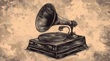 Explore the timeless elegance of a classic gramophone in vintage engraving style. Timeless Engraving. Illustration