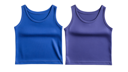 Blue and violet tank tops on black background, cut out transparent