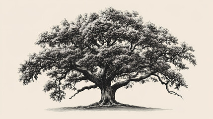 Intricately detailed oak tree engraving on light background. Timeless Engraving. Illustration