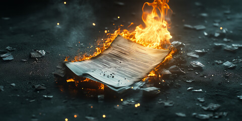 3D Burning Contract Representing Concealed Corporate Deals, Fraudulent Agreements, and Legal Evasion Schemes