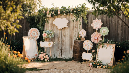 Handmade wedding photo booth props with decorative signs and flowers in a charming outdoor setup